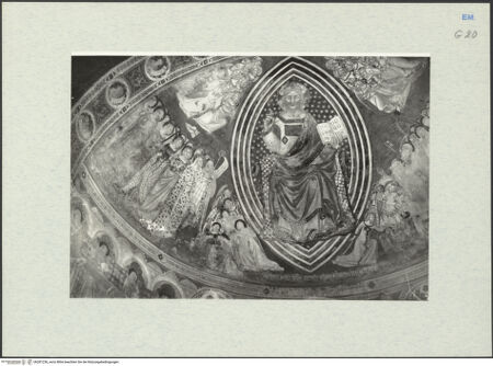 Vorderseite von Ferrara, Civici Musei [https://www.deutsche-digitale-bibliothek.de/content/lizenzen/rv-ez/] Zyklus: Verkündigung, Majestas Domini, Heiligen, Evangelisten, Kirchenväter und Szenen aus dem Leben des heiligen EustachiusMajestas Domini (Konche) - Teilansicht, bh281236_recto. Foto.