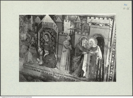 Vorderseite von Ferrara, Civici Musei [https://www.deutsche-digitale-bibliothek.de/content/lizenzen/rv-ez/] Szenen aus dem Neuen TestamentSüdwand, Bildfeld 1: die Verkündigung; die Heimsuchung - Gesamtansicht, bh281238_recto. Foto.