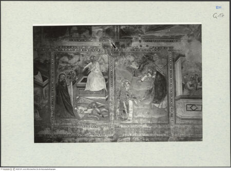 Vorderseite von Ferrara, Civici Musei [https://www.deutsche-digitale-bibliothek.de/content/lizenzen/rv-ez/] Szenen aus dem Neuen TestamentNordwand, Bildfeld 7 und 8: die Frauen am Grab; Noli me tangere - Gesamtansicht, bh281241_recto. Foto.