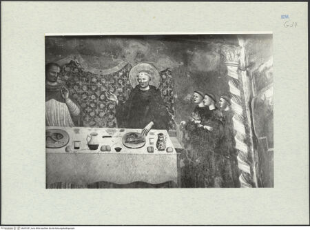 Vorderseite von Ferrara, Civici Musei [https://www.deutsche-digitale-bibliothek.de/content/lizenzen/rv-ez/] Thronender Christus mit Maria und Heiligen, das Abendmahl, das Guido-Wunder, Christus am ÖlbergOstwand: Christus zwischen Maria, Johannes dem Täufer und die Heiligen Benedikt und Guido; das Abendmahl; das Guido-WunderOstwand, rechtes Feld: das Guido-Wunder - Detail, rechte Seite (Guido und Mönche), bh281247_recto. Foto.