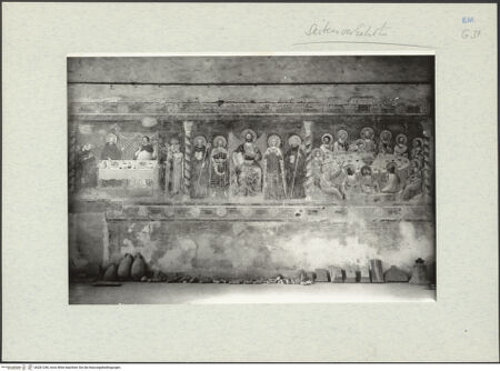 Vorderseite von Ferrara, Civici Musei [https://www.deutsche-digitale-bibliothek.de/content/lizenzen/rv-ez/] Thronender Christus mit Maria und Heiligen, das Abendmahl, das Guido-Wunder, Christus am ÖlbergOstwand: Christus zwischen Maria, Johannes dem Täufer und die Heiligen Benedikt und Guido; das Abendmahl; das Guido-Wunder - Gesamtansicht, bh281248_recto. Foto.