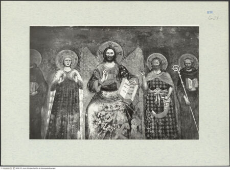 Vorderseite von Ferrara, Civici Musei [https://www.deutsche-digitale-bibliothek.de/content/lizenzen/rv-ez/] Thronender Christus mit Maria und Heiligen, das Abendmahl, das Guido-Wunder, Christus am ÖlbergOstwand: Christus zwischen Maria, Johannes dem Täufer und die Heiligen Benedikt und Guido; das Abendmahl; das Guido-WunderOstwand, Mittelfeld: Christus zwischen Maria, Johannes dem Täufer und die Heiligen Benedikt und Guido - Teilansicht, bh281251_recto. Foto.