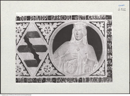 Vorderseite von Courtauld Institute of Art [https://www.deutsche-digitale-bibliothek.de/content/lizenzen/rv-ez/] Grabmal der Letizia Caracciolo (gest. 1340)Madonna zwischen Johannes dem Täufer und Katharina - Sarkophagfront: Katharina, bh283692_recto. Foto.