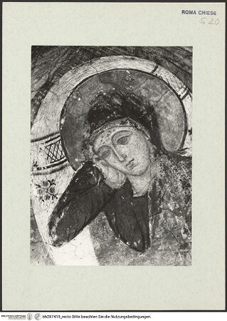 Vorderseite von Vasari [https://www.deutsche-digitale-bibliothek.de/content/lizenzen/rv-ez/] Fresken der Geburt Christi und einer MarienkrönungGeburt Christi - Kopf Mariens, bh287419_recto. Foto.