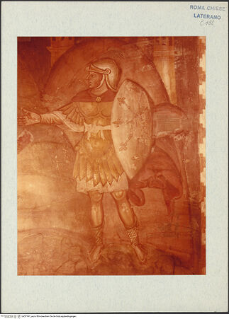 Vorderseite von Vasari [https://www.deutsche-digitale-bibliothek.de/content/lizenzen/rv-ez/] FreskenzyklusMartyrium des heiligen Paulus - Detail: Soldatenfigur rechts außen, bh287441_recto. Foto.