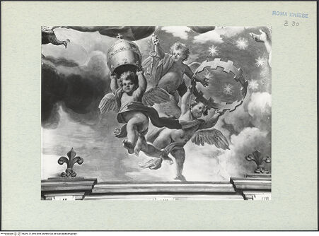 Vorderseite von ICCD [https://www.deutsche-digitale-bibliothek.de/content/lizenzen/rv-ez/] Apotheose der Theologie - Detail: Putten mit den Papstinsignien, bh289172_recto. Foto.