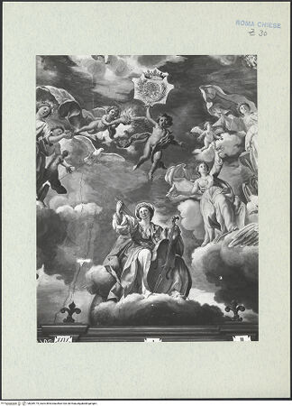 Vorderseite von ICCD [https://www.deutsche-digitale-bibliothek.de/content/lizenzen/rv-ez/] Apotheose der Theologie - Teilansicht zur Schmalseite: verschiedene allegorische Figuren, bh289175_recto. Foto.