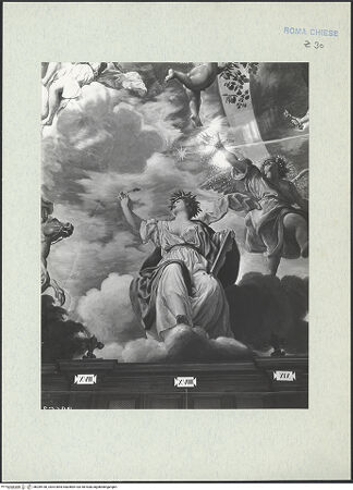 Vorderseite von ICCD [https://www.deutsche-digitale-bibliothek.de/content/lizenzen/rv-ez/] Apotheose der Theologie - Detail: Allegorie mit Feder und Tafel, bh289180_recto. Foto.