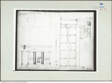 Vorderseite von Kunstbibliothek [https://www.deutsche-digitale-bibliothek.de/content/lizenzen/rv-ez/] Codex Destailleur DS. Urbano della Caffarella: Schnitt durch den Tempel und Aufriss der Längswand, Grundriss des Tempels - Gesamtansicht, bh289311_recto. Foto: Nesselrath, Arnold.