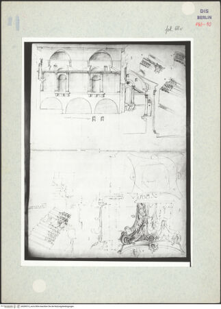 Vorderseite von Kunstbibliothek [https://www.deutsche-digitale-bibliothek.de/content/lizenzen/rv-ez/] Codex Destailleur DS. Urbano della Caffarella: Schnitt und Aufriss der Längswand, Querschnitt durch die rechte Hälfte des Tempels mit Aufriss der Rückwand, Details zu Gesims, Kapitell und Gebälk - Gesamtansicht, bh289313_recto. Foto: Nesselrath, Arnold.