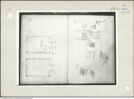 Vorderseite von Kunstbibliothek [https://www.deutsche-digitale-bibliothek.de/content/lizenzen/rv-ez/] Codex Destailleur DS. Urbano della Caffarella: Grundrisse und Aufriss der Fassade, Profil von Gesims und Gebälk, Details des Fensterrahmens - Gesamtansicht, bh289314_recto. Foto: Nesselrath, Arnold.