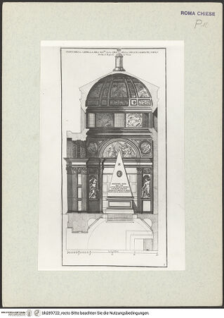 Vorderseite von Bibliotheca Hertziana [https://www.deutsche-digitale-bibliothek.de/content/lizenzen/rv-fz/] Schnitt der Cappella Chigi in Santa Maria del Popolo, Rom (Tav. 3 aus: Rossi, Studio d'Architettura civile Bd. 3, Rom 1721) - , bh289722_recto. Foto.