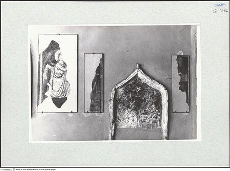 Vorderseite von Krüger, Jürgen [https://www.deutsche-digitale-bibliothek.de/content/lizenzen/rv-fz/] Verkündigung (Fragment) - Gabriel (rechts: zwei Heilige, 15. Jh.), bh294710_recto. Foto: Krüger, Jürgen.