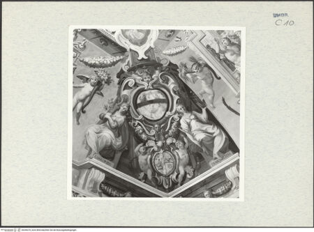 Vorderseite von Getty Research Institute [https://www.deutsche-digitale-bibliothek.de/content/lizenzen/rv-ez/] Szenen aus dem Alten Testament, Wappen und PersonifikationenWappenkartuschen, flankiert von den Personifikationen der Concordia und der Tranquillitas - Gesamtansicht, bh296370_recto. Foto: Hutzel, Max.