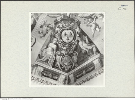 Vorderseite von Getty Research Institute [https://www.deutsche-digitale-bibliothek.de/content/lizenzen/rv-ez/] Szenen aus dem Alten Testament, Wappen und PersonifikationenWappenkartuschen, flankiert von den Personifikationen der Magnificentia und der Liberalitas - Gesamtansicht, bh296371_recto. Foto: Hutzel, Max.