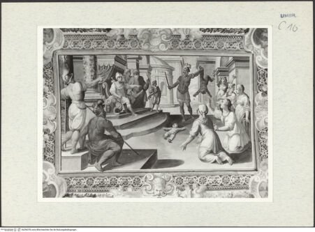 Vorderseite von Getty Research Institute [https://www.deutsche-digitale-bibliothek.de/content/lizenzen/rv-ez/] Szenen aus dem Alten Testament, Wappen und PersonifikationenDas Urteil Salomos - Gesamtansicht, bh296378_recto. Foto: Hutzel, Max.