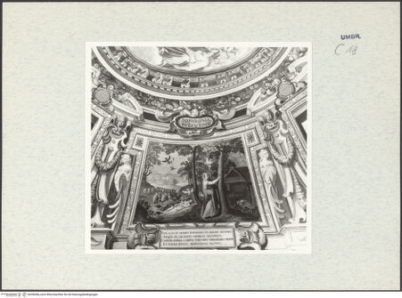 Vorderseite von Getty Research Institute? [https://www.deutsche-digitale-bibliothek.de/content/lizenzen/rv-ez/] llusionistische Deckenmalerei mit Szenen aus dem Leben heiliger Eremitinnen und PersonifikationenDie heilige Sophronia von Tarent schreibt ihren Namen auf einen Baumstamm - Gesamtansicht, bh296384_recto. Foto: Hutzel, Max.