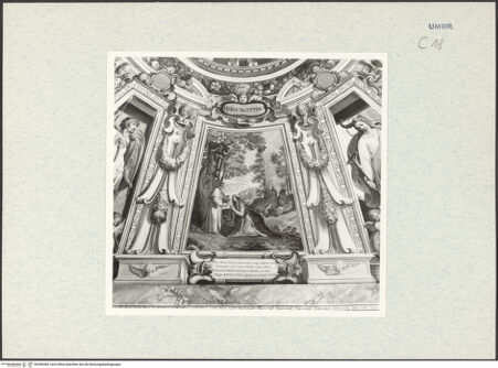 Vorderseite von Getty Research Institute? [https://www.deutsche-digitale-bibliothek.de/content/lizenzen/rv-ez/] llusionistische Deckenmalerei mit Szenen aus dem Leben heiliger Eremitinnen und PersonifikationenDie büßende heilige Maria Ägyptiaca empfängt die Kommunion vom Eremiten Zosimus - Gesamtansicht, bh296385_recto. Foto: Hutzel, Max.