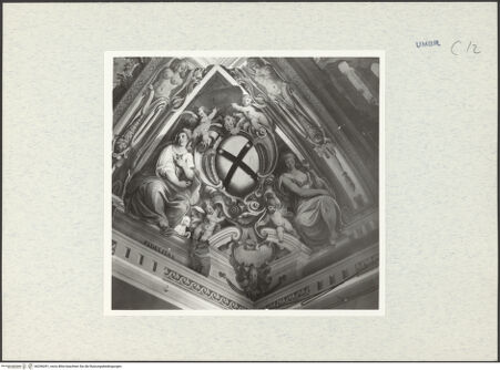 Vorderseite von Getty Research Institute [https://www.deutsche-digitale-bibliothek.de/content/lizenzen/rv-ez/] Dekorationsprogramm mit Personifikationen, Wappen und Landschaften mit heiligen EremitenWappen des Kardinals Ermino Valenti, flankiert von den Personifikationen der Fidelitas und der Affabilitas - Gesamtansicht, bh296391_recto. Foto: Hutzel, Max.