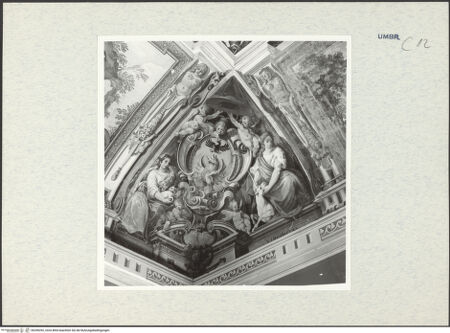 Vorderseite von Getty Research Institute [https://www.deutsche-digitale-bibliothek.de/content/lizenzen/rv-ez/] Dekorationsprogramm mit Personifikationen, Wappen und Landschaften mit heiligen EremitenWappenkartusche, flankiert von den Personifikationen der Continentia und der Virginitas - Gesamtansicht, bh296392_recto. Foto: Hutzel, Max.