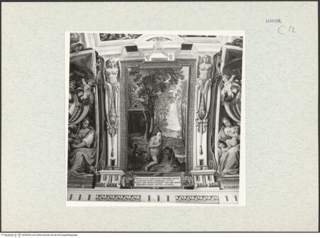 Vorderseite von Getty Research Institute [https://www.deutsche-digitale-bibliothek.de/content/lizenzen/rv-ez/] Dekorationsprogramm mit Personifikationen, Wappen und Landschaften mit heiligen EremitenDer heilige Onuphrius als Büßer - Gesamtansicht, bh296394_recto. Foto: Hutzel, Max.