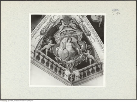 Vorderseite von Getty Research Institute [https://www.deutsche-digitale-bibliothek.de/content/lizenzen/rv-ez/] Dekorationsprogramm mit Personifikationen und Szenen aus der Geschichte DanielsVon Putten umrahmte Kartusche mit der Darstellung der Perseveranza - Gesamtansicht, bh296399_recto. Foto: Hutzel, Max.