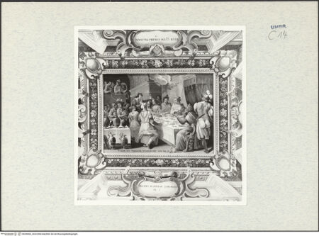 Vorderseite von Getty Research Institute [https://www.deutsche-digitale-bibliothek.de/content/lizenzen/rv-ez/] Dekorationsprogramm mit Personifikationen und Szenen aus der Geschichte DanielsDas Gastmahl des Belsazar - Gesamtansicht, bh296402_recto. Foto: Hutzel, Max.