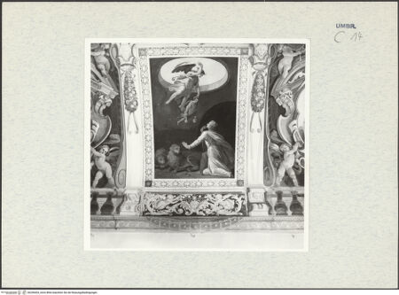 Vorderseite von Getty Research Institute [https://www.deutsche-digitale-bibliothek.de/content/lizenzen/rv-ez/] Dekorationsprogramm mit Personifikationen und Szenen aus der Geschichte DanielsDer Prophet Habakuk wird von einem Engel an seinen Haaren herbeigetragen, um Daniel Speisen zu bringen, der unversehrt inmitten der Löwen sitzt - Gesamtansicht, bh296403_recto. Foto: Hutzel, Max.