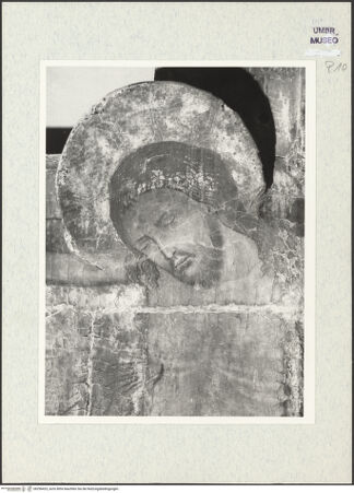 Vorderseite von Getty Research Institute [https://www.deutsche-digitale-bibliothek.de/content/lizenzen/rv-ez/] Tafelkreuz - Christus, Detail: Kopf und Oberkörper, bh296425_recto. Foto: Hutzel, Max.