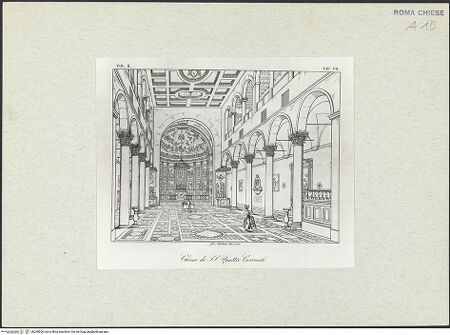 Vorderseite von Bibliotheca Hertziana [https://rightsstatements.org/page/CNE/1.0/] Santi Quattro Coronati (Taf. VII aus G.Fontana, "Raccolta delle migliori chiese di Roma e suburbane. Espresse in tavole disegnate ed incise da G.Fontana...", vol. II, Roma 1838) - Innenansicht, bh298500_recto. Foto.