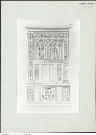 Vorderseite von Bibliotheca Hertziana [https://www.deutsche-digitale-bibliothek.de/content/lizenzen/rv-fz/] Die Tabernakel der heiligen Öle und des Taufwassers in Santa Maria del Popolo (Taf. LXV aus G. Fontana, "Raccolta delle migliori chiese di Roma e suburbane espresse in tavole disegnate ed incise da G. Fontana", vol.III, Rom 1838) - Tabernakel der heiligen Öle, bh298596_recto. Foto.