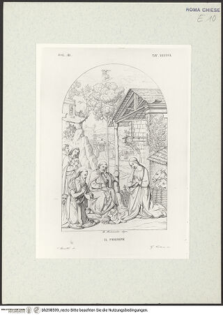 Vorderseite von Bibliotheca Hertziana [https://www.deutsche-digitale-bibliothek.de/content/lizenzen/rv-fz/] Altarbild der Cappella della Natività in Santa Maria del Popolo (Taf. XXXXVII aus G. Fontana, "Raccolta delle migliori chiese di Roma e suburbane espresse in tavole disegnate ed incise da G. Fontana", vol.III, Rom 1838) - , bh298599_recto. Foto.