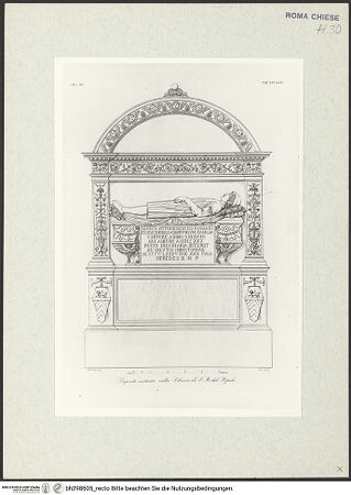 Vorderseite von Bibliotheca Hertziana [https://www.deutsche-digitale-bibliothek.de/content/lizenzen/rv-fz/] Grabmal des Marcantonio Albertoni (+ 1485) in Santa Maria del Popolo (Taf. LVI aus G. Fontana, "Raccolta delle migliori chiese di Roma e suburbane espresse in tavole disegnate ed incise da G. Fontana", vol.III, Rom 1838) - , bh298605_recto. Foto.