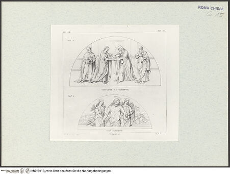 Vorderseite von Bibliotheca Hertziana [https://www.deutsche-digitale-bibliothek.de/content/lizenzen/rv-fz/] Die Fresken der Cappella di Sant'Agostino/ Cappella della Madonna dell'Orto in Santa Maria del Popolozwei Lünetten: Heimsuchung; Christus als Schmerzensmann (Taf. LII) - , bh298610_recto. Foto.