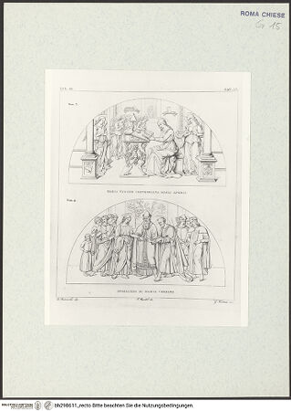 Vorderseite von Bibliotheca Hertziana [https://www.deutsche-digitale-bibliothek.de/content/lizenzen/rv-fz/] Die Fresken der Cappella di Sant'Agostino/ Cappella della Madonna dell'Orto in Santa Maria del Popolozwei Lünetten: Maria als Tempeldienerin; Sposalizio (Taf. LI) - , bh298611_recto. Foto.