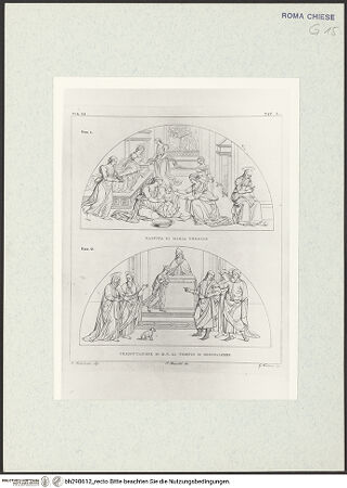Vorderseite von Bibliotheca Hertziana [https://www.deutsche-digitale-bibliothek.de/content/lizenzen/rv-fz/] Die Fresken der Cappella di Sant'Agostino/ Cappella della Madonna dell'Orto in Santa Maria del Popolozwei Lünetten: Geburt Mariens; Darbringung Mariens im Tempel (Taf. L) - , bh298612_recto. Foto.