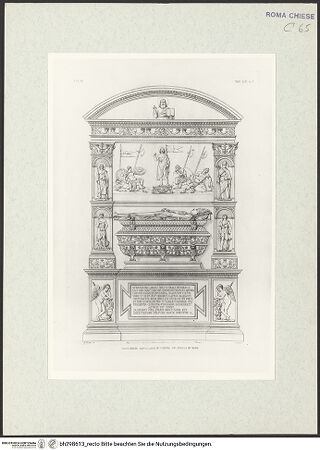 Vorderseite von Bibliotheca Hertziana [https://www.deutsche-digitale-bibliothek.de/content/lizenzen/rv-fz/] Das Grabmal des Bernardino Lonato in Santa Maria del Popolo (Taf. LIX aus G. Fontana, "Raccolta delle migliori chiese di Roma e suburbane espresse in tavole disegnate ed incise da G. Fontana", vol.III, Rom 1838) - , bh298613_recto. Foto.