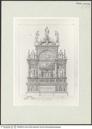 Vorderseite von Bibliotheca Hertziana [https://www.deutsche-digitale-bibliothek.de/content/lizenzen/rv-fz/] Sansovinos Grabmal des Girolamo Basso della Rovere in Santa Maria del Popolo (Taf. LIX aus G. Fontana, "Raccolta delle migliori chiese di Roma e suburbane espresse in tavole disegnate ed incise da G. Fontana", vol.III, Rom 1838) - , bh298614_recto. Foto.