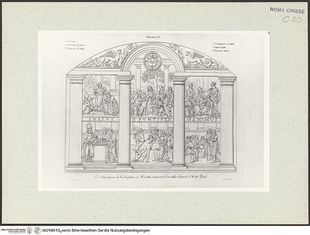 Vorderseite von Bibliotheca Hertziana [https://www.deutsche-digitale-bibliothek.de/content/lizenzen/rv-fz/] Glasfenster mit Szenen aus der Kindheit und Jugend Jesu im Chor von Santa Maria del Popolo (Taf. LVIII aus G. Fontana, "Raccolta delle migliori chiese di Roma e suburbane espresse in tavole disegnate ed incise da G. Fontana", vol.III, Rom 1838) - , bh298615_recto. Foto.