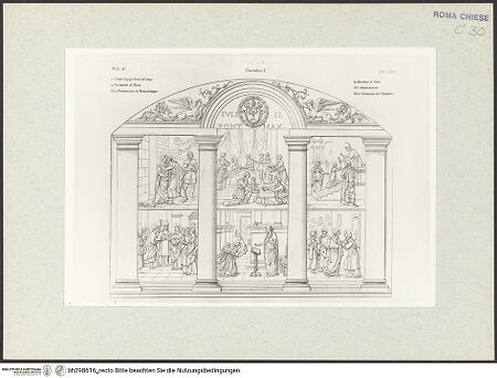 Vorderseite von Bibliotheca Hertziana [https://www.deutsche-digitale-bibliothek.de/content/lizenzen/rv-fz/] Glasfenster mit Szenen aus dem Leben Mariens im Chor von Santa Maria del Popolo (Taf. LVIII aus G. Fontana, "Raccolta delle migliori chiese di Roma e suburbane espresse in tavole disegnate ed incise da G. Fontana", vol.III, Rom 1838) - , bh298616_recto. Foto.