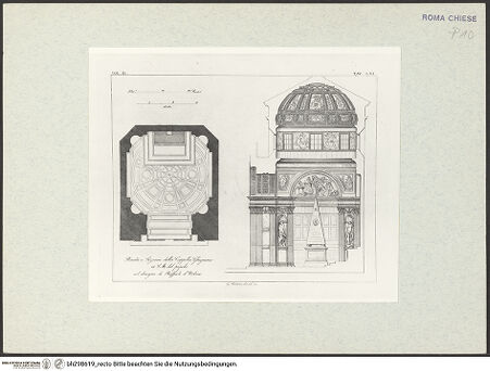 Vorderseite von Bibliotheca Hertziana [https://www.deutsche-digitale-bibliothek.de/content/lizenzen/rv-fz/] Die Cappella Chigi in Santa Maria del Popolo (Taf. LXI aus G. Fontana, "Raccolta delle migliori chiese di Roma e suburbane espresse in tavole disegnate ed incise da G. Fontana", vol.III, Rom 1838) - , bh298619_recto. Foto.