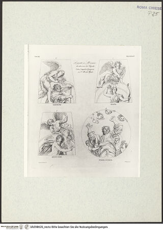 Vorderseite von Bibliotheca Hertziana [https://www.deutsche-digitale-bibliothek.de/content/lizenzen/rv-fz/] Der segnende Gottvater umgeben von Personifikationen der Gestirne; Kuppelmosaik der Cappella Chigi in Santa Maria del Popolo (Taf. LX, LXI E und LXI F aus G. Fontana, "Raccolta delle migliori chiese di Roma e suburbane espresse in tavole disegnate ed incise da G. Fontana", vol.III, Rom 1838) - Einzelne Gestirne; Tav. LXI F, bh298620_recto. Foto.