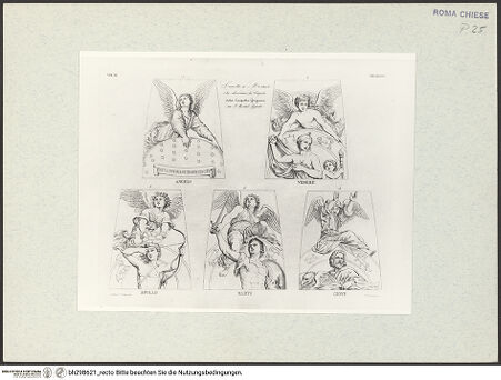 Vorderseite von Bibliotheca Hertziana [https://www.deutsche-digitale-bibliothek.de/content/lizenzen/rv-fz/] Der segnende Gottvater umgeben von Personifikationen der Gestirne; Kuppelmosaik der Cappella Chigi in Santa Maria del Popolo (Taf. LX, LXI E und LXI F aus G. Fontana, "Raccolta delle migliori chiese di Roma e suburbane espresse in tavole disegnate ed incise da G. Fontana", vol.III, Rom 1838) - Einzelne Gestirne; Tav. LXI E, bh298621_recto. Foto.