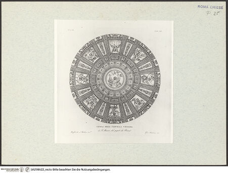 Vorderseite von Bibliotheca Hertziana [https://www.deutsche-digitale-bibliothek.de/content/lizenzen/rv-fz/] Der segnende Gottvater umgeben von Personifikationen der Gestirne; Kuppelmosaik der Cappella Chigi in Santa Maria del Popolo (Taf. LX, LXI E und LXI F aus G. Fontana, "Raccolta delle migliori chiese di Roma e suburbane espresse in tavole disegnate ed incise da G. Fontana", vol.III, Rom 1838) - Gesamtdarstellung; Tav. LX, bh298622_recto. Foto.
