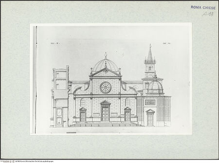 Vorderseite von Bibliotheca Hertziana [https://www.deutsche-digitale-bibliothek.de/content/lizenzen/rv-fz/] Fassade von Santa Maria del Popolo (Taf. VL aus G. Fontana, "Raccolta delle migliori chiese di Roma e suburbane espresse in tavole disegnate ed incise da G. Fontana", vol.III, Rom 1838) - , bh298634_recto. Foto.