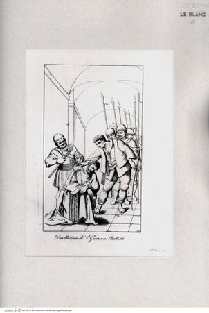 Vorderseite von Bibliotheca Hertziana [http://creativecommons.org/publicdomain/mark/1.0/] Die Enthauptung des Täufers (Roma, San Lorenzo f.l.m.) (Taf. X aus G.Fontana, "Raccolta delle migliori chiese di Roma e suburbane. Espresse in tavole disegnate ed incise da G.Fontana...", vol. I, Roma 1838) - , bh298672. Foto.