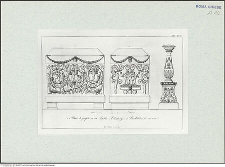 Vorderseite von Bibliotheca Hertziana [https://www.deutsche-digitale-bibliothek.de/content/lizenzen/rv-fz/] Sarkophag und Kandelaber aus Santa Costanza (Taf. XVIII aus G. Fontana, "Raccolta delle migliori chiese di Roma e suburbane espresse in tavole disegnate ed incise da G. Fontana", vol.III, Rom 1838) - , bh298712_recto. Foto.