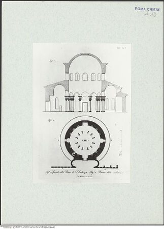 Vorderseite von Bibliotheca Hertziana [https://www.deutsche-digitale-bibliothek.de/content/lizenzen/rv-fz/] Schnitt und Grundriss von Santa Costanza (Taf. XVII aus G. Fontana, "Raccolta delle migliori chiese di Roma e suburbane espresse in tavole disegnate ed incise da G. Fontana", vol.III, Rom 1838) - , bh298713_recto. Foto.