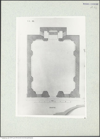 Vorderseite von Bibliotheca Hertziana [https://www.deutsche-digitale-bibliothek.de/content/lizenzen/rv-fz/] Sant'Andrea in Via Flaminia, Grundriss, Fassade und Schnitt (Taf. LXXIII aus G. Fontana, "Raccolta delle migliori chiese di Roma e suburbane...", vol. III, Rom 1838) - Grundriss, bh298731_recto. Foto.