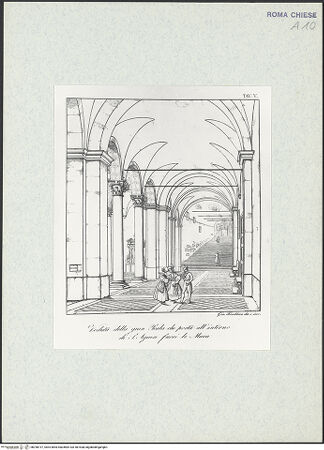 Vorderseite von Bibliotheca Hertziana [https://rightsstatements.org/page/CNE/1.0/] Treppe zum Seiteneingang von Sant'Agnese fuori le Mura (Taf. V aus G. Fontana, "Raccolta delle migliori chiese di Roma e suburbane espresse in tavole disegnate ed incise da G. Fontana", vol.III, Rom 1838) - , bh298737_recto. Foto.